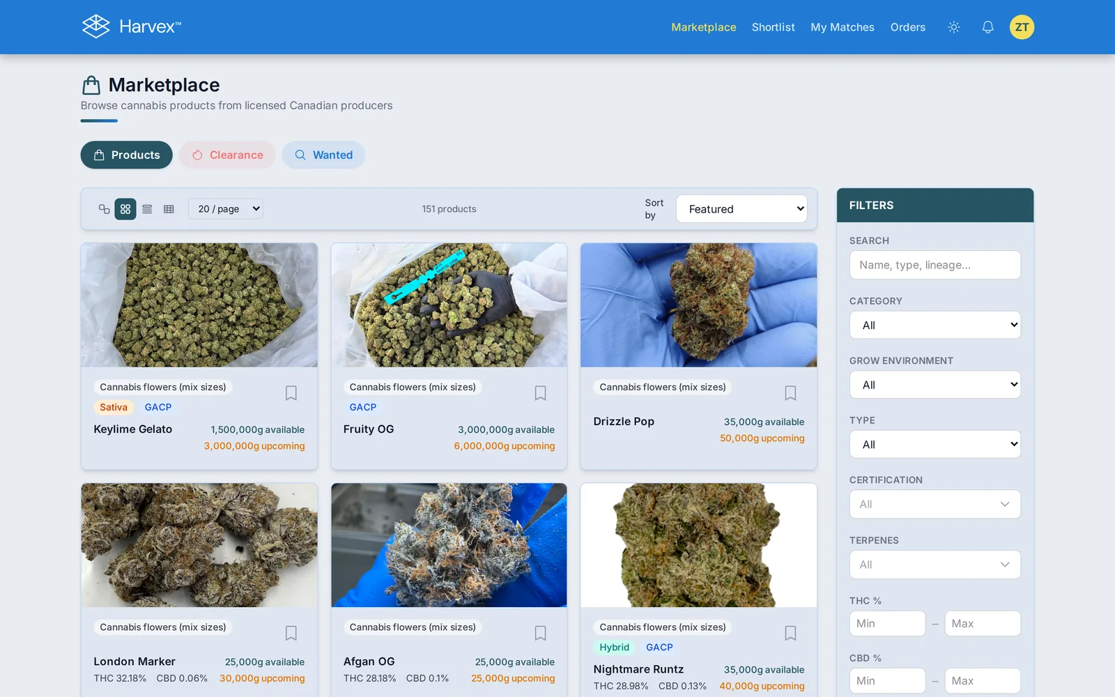 The Harvex marketplace: product photos with category, certification, potency and quantities, beside a filter panel